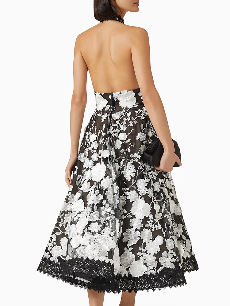 A-Line Floral Lace Halter Neck Dress – Elegant Black & White Midi Dress for Special Occasions and Evening Parties Romantic Gown