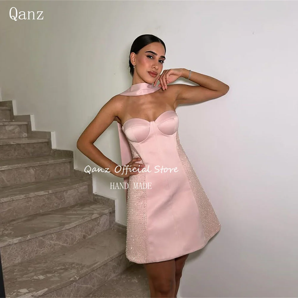 Qanz Glitter Pink Prom Dresses with Scarf Satin Jurken Voor Speciale Gelegenheden Lace Up Back Mini Party Gowns Club Customized