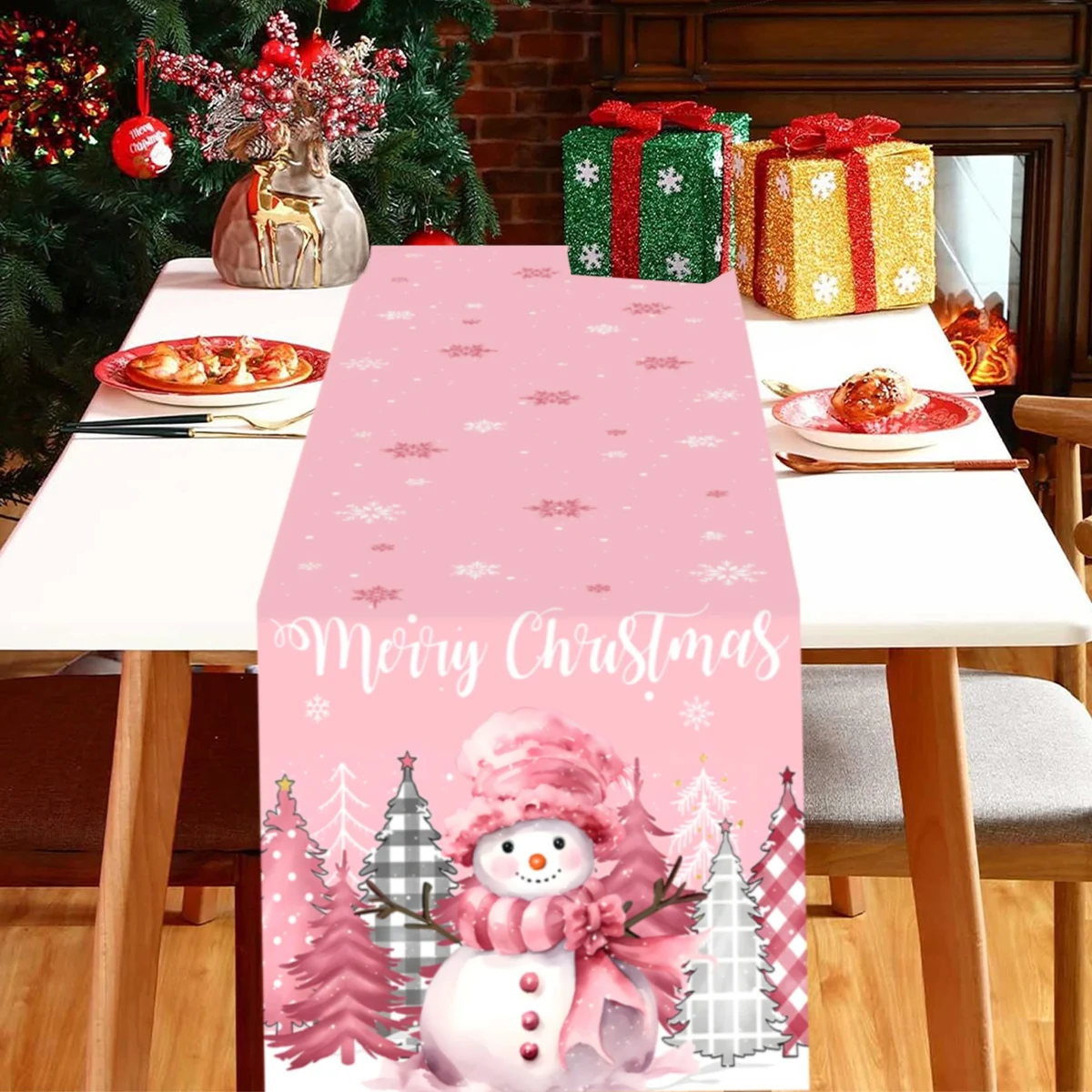 1pc Pink Snowman Christmas Tree Christmas Table Runner, Christmas Table Runner for Christmas Table Room Home Decor 2024 New Year