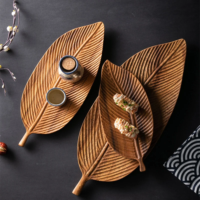 

Creative Black Walnut Leaf Shape Storage Trays Japan Style Eco Solid Wood Tea Tray Sushi Plate Household Desserts Plate