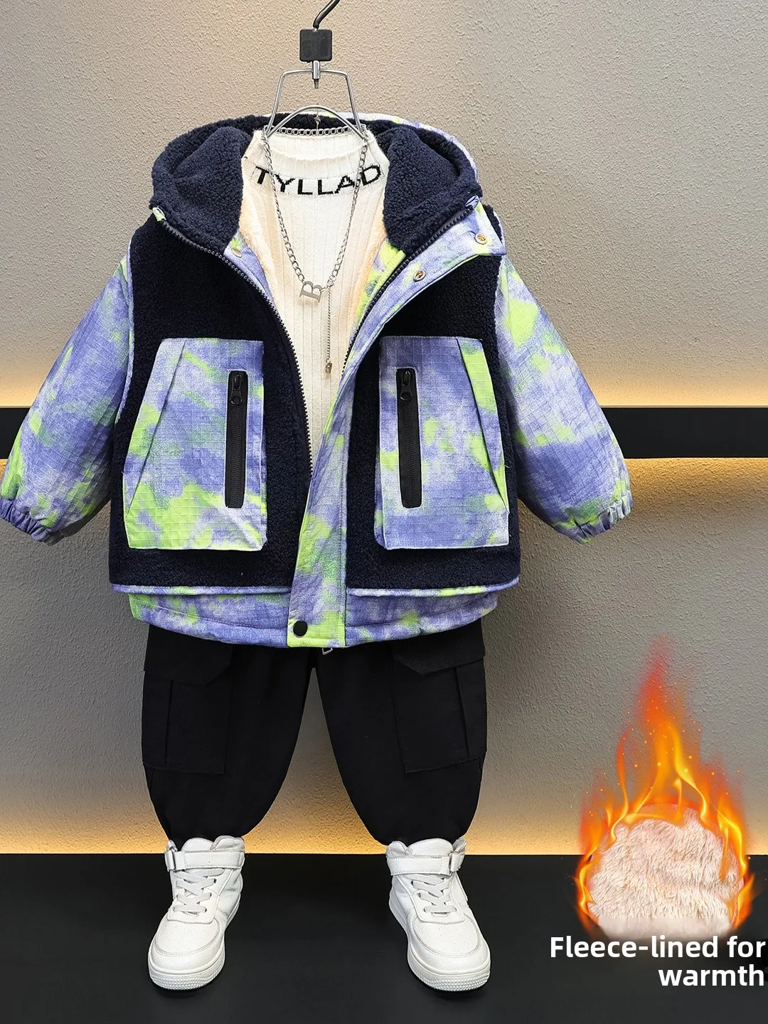 

Boys Winter Thiened Fce Lined Cotton Jaet Parka Coat Warm Youth Faionable Printed Casual Long Sve Zipper Closure