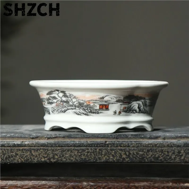 2025 Yixing Purple Sand Flowerpot Ceramic Hand-Made Landscape Bonsai Pot Chinese Style Classical Flower Pot Home Decor 1PCS