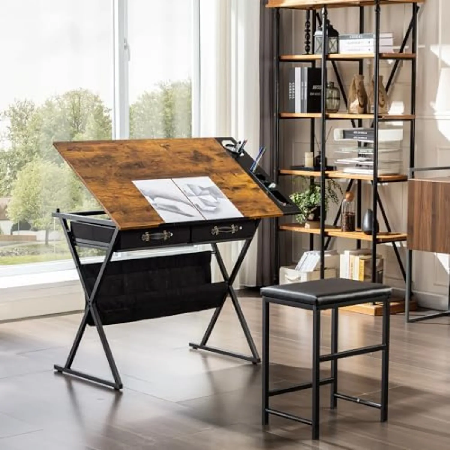 Drafting Table Art Desk Art Table Adjustable Drawing Table Tilted Tabletop with 2 Storage Drawers and Stool, Drawing