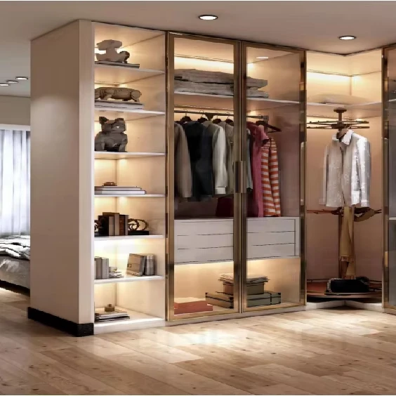 Modern L Shape Wardrobe With LED Lighting Walk In Closet Organizer Large Storage Cabinet Bedroom Furniture Home