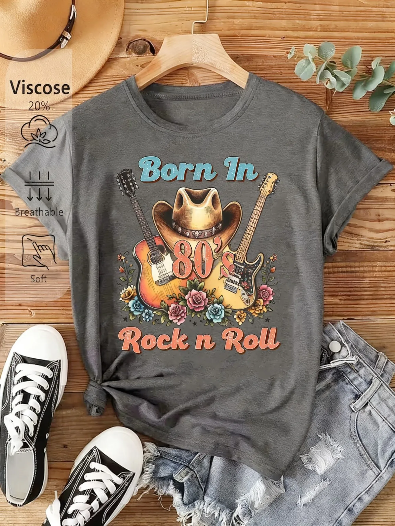 Plus size women's short sleeve T-shirt Born In 80s Rock N Roll breathable fabric summer outfit women's clothing