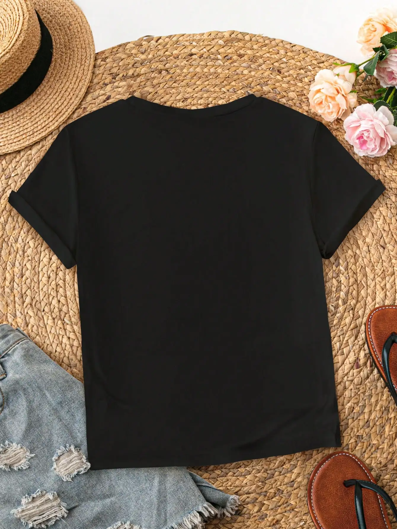 Damska koszulka z krótkim rękawem w nadruku PLUS-size, luźna i swobodna, miękka, wygodna i oddychająca, do uprawiania sportów na świeżym powietrzu