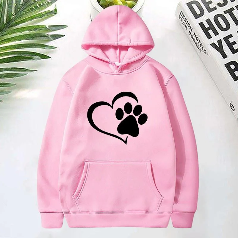 Cute Dog Paw and Heart Shape Print Hoodies Women Casual Long Sleeve Hoodies Autumn Winter Pullovers Plus Size