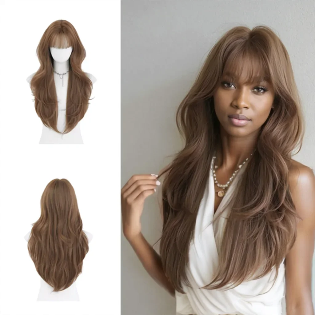 La frangia riccia lunga sintetica ondulata marrone-nero di alta qualità è adatta per le parrucche naturali soffici resistenti al calore per le feste quotidiane delle donne