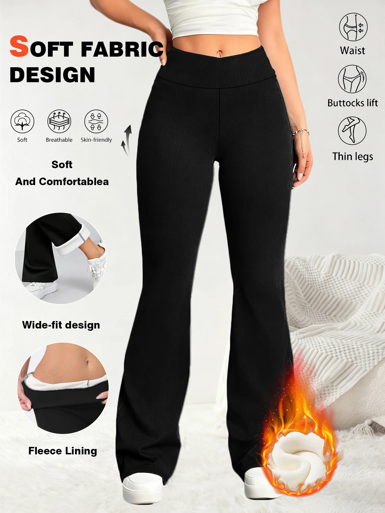 Schlaghose mit hoher Taille für Damen, Hosen-Sets, warm, Winter, mit Fleece gefüttert, weich, atmungsaktiv, Po, lässig, täglicher Lift, dünn, eine Beine