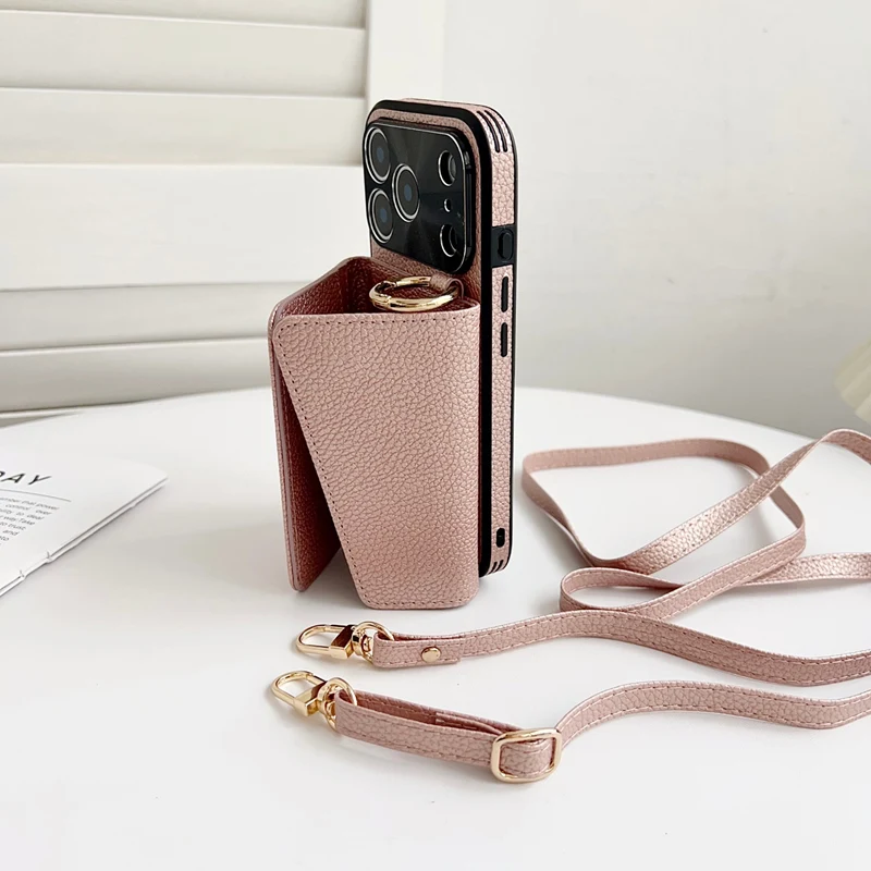 Crossbody-Geldbörsen-Handyhülle mit Make-up-Spiegel für iPhone 17 18 Pro Max 16 Pro 15 14 13 12, trendige Lederhülle mit Kartenfach und Lanyard – Detail 7
