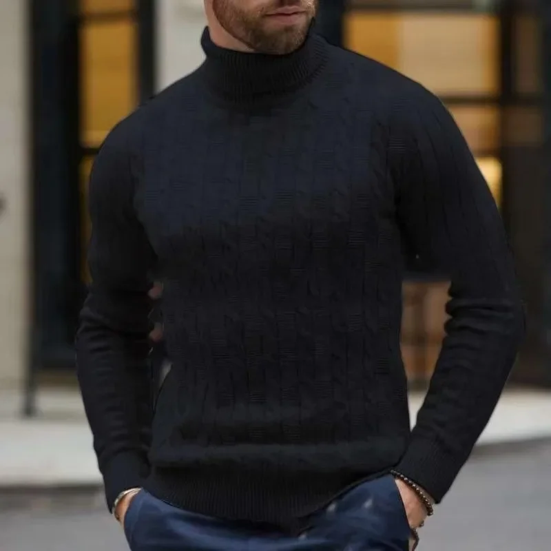 Suéter de cuello alto para hombre, Jersey de punto, cuello redondo, cálido, ajustado, informal, otoño e invierno, 2023