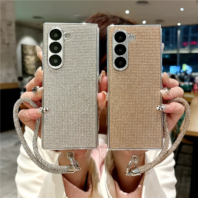 

Bling Full Diamond Camera Protection Case For Samsung Galaxy Z Fold 6 Z Fold5 Z Fold 4 Glitter Rhinestone Strap Plating Cover