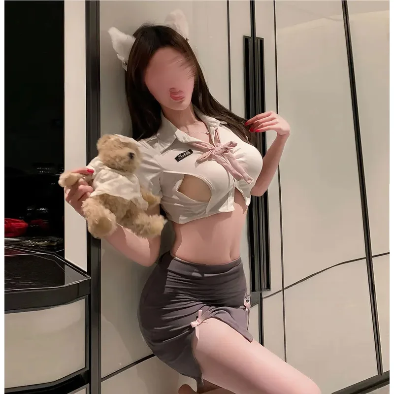 Ensemble jupe uniforme d'étudiant Sexy, col en v, poitrine enveloppante, manches courtes, tentant, doux, pur désir, JK, ajouré, charmant et élégant