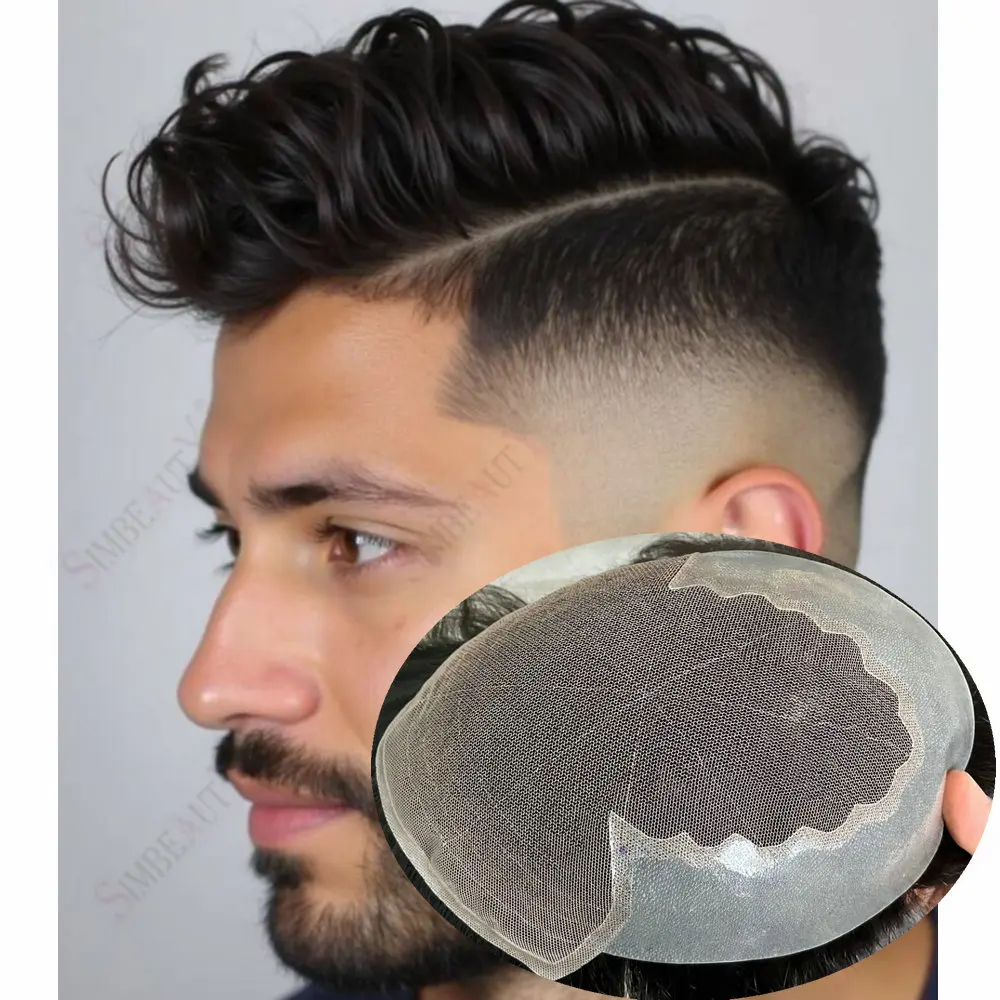 

Q6 Кружевная основа Дышащий натуральный черный мужской парик Натуральная линия волос Система человеческих волос Мужской парик Европейский протез волос Прочный парик