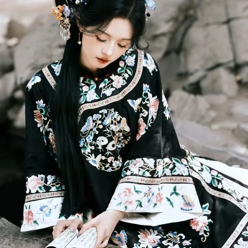 chinese-traditional-women-qipao-black-peony-butterfly-print-loose-cheongsam-beige-horse-faced-skirt-vestido-medieval-mujer