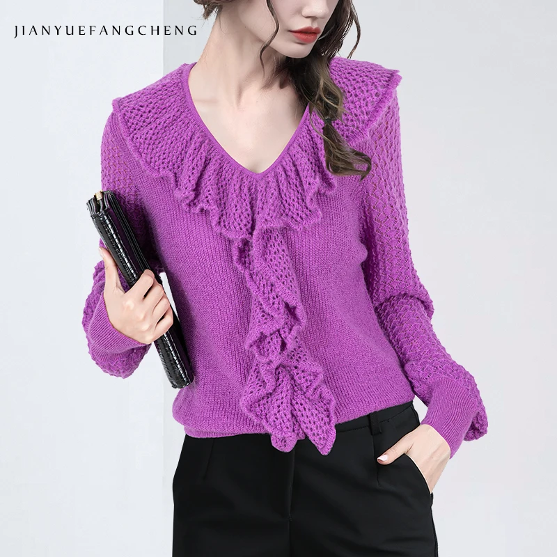 2024 Autumn Women' Ruffle Knitted Sweater Top Loose Long Sleeve V-Neck Stretching Purple Pullovers Casual Wool Sweaters