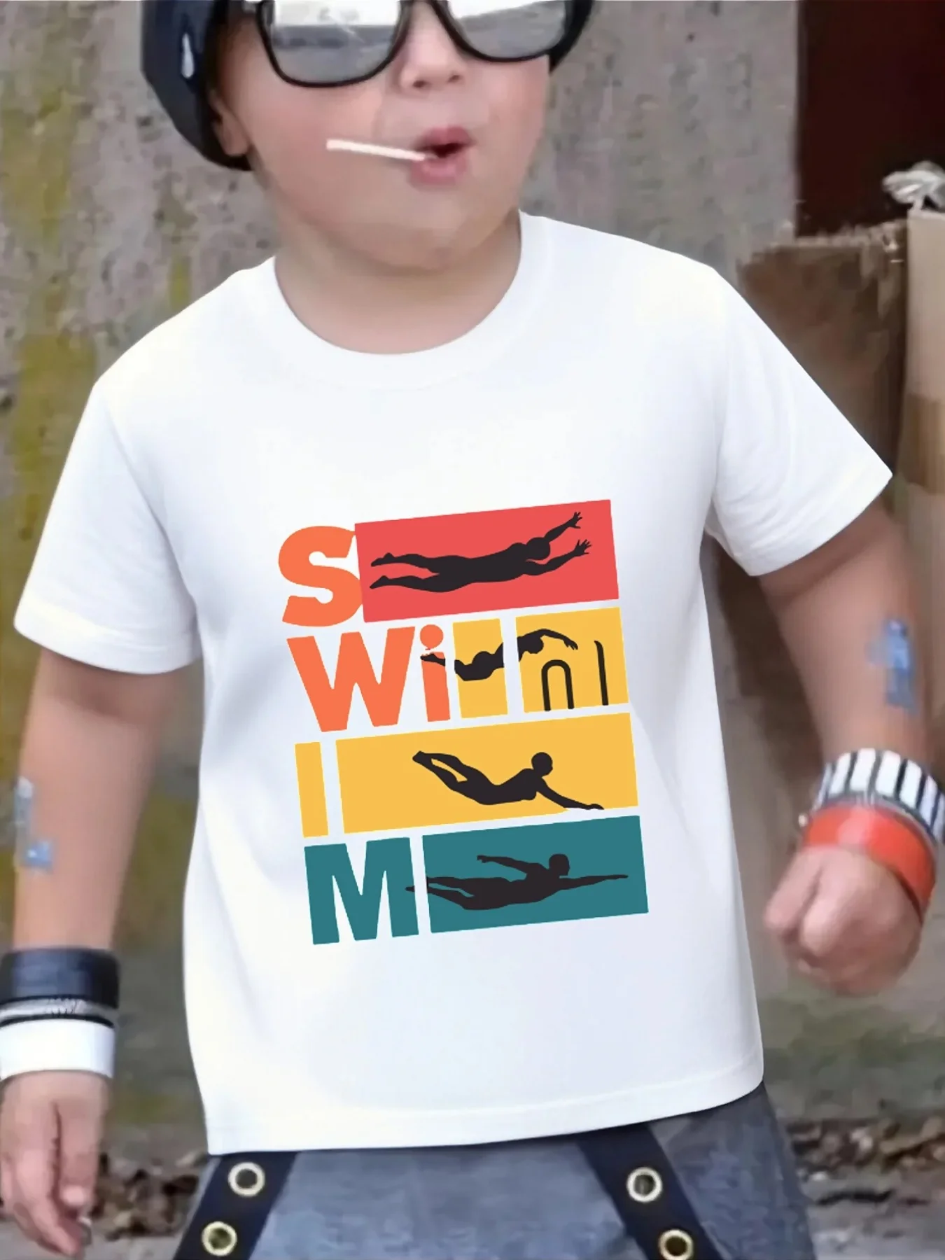 Lovely Swimming Sports Figure Retro Letter Graphic Family Matching T Shirts Boys Girls Parent Child Daily Wear Cotton Tops