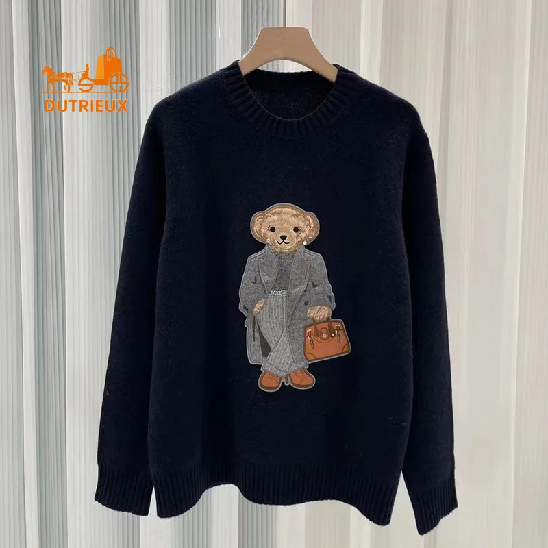 2024 New Autumn and Winter Cardigan Bear Embroidery Round Neck 100% Cashmere Pullover Knitted Cardigan Women\'s Warm Sweater