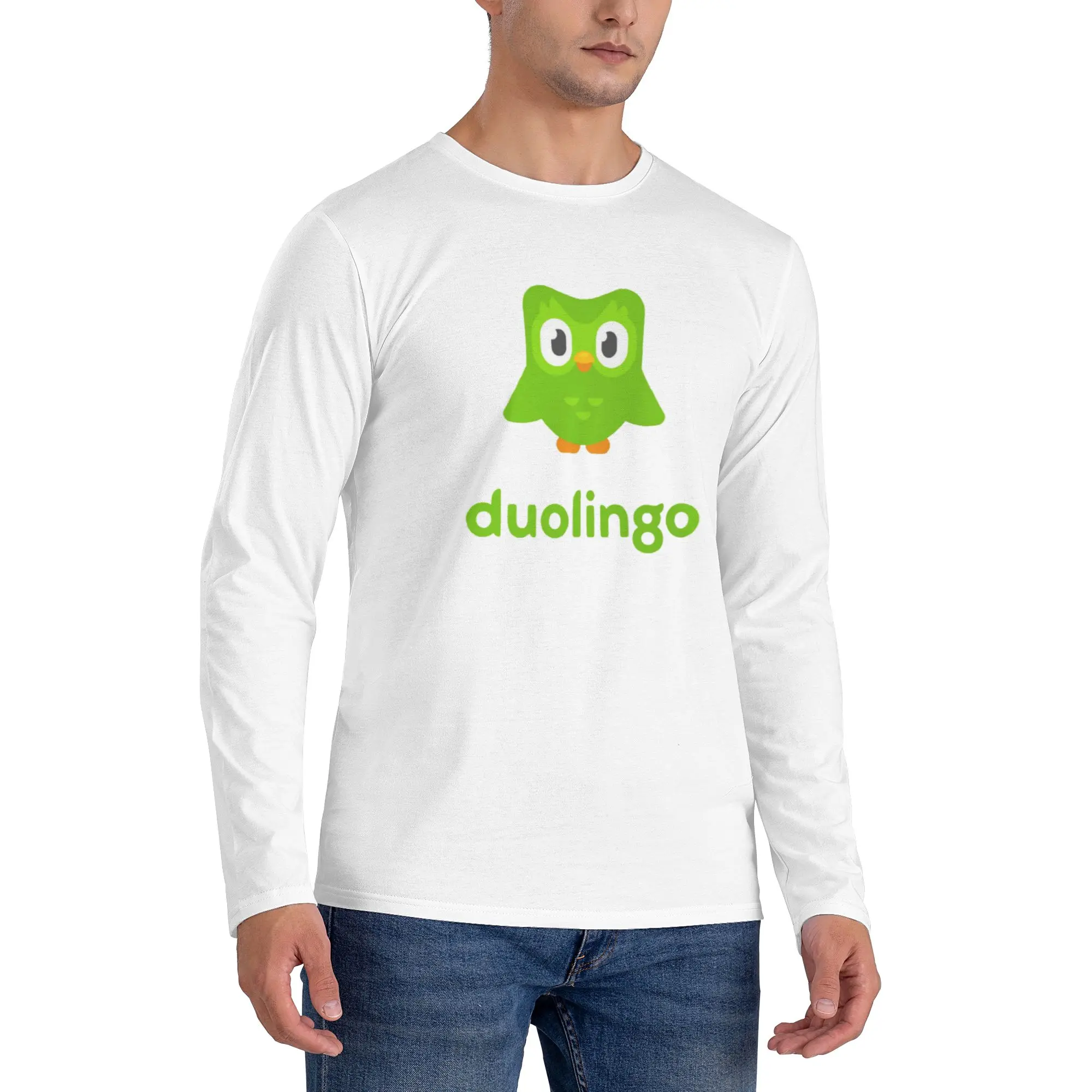 

Duolingo Owl Duo Men's Long Sleeved T-shirt Casual Round Neck T shirts Spring and Autumn Men tops