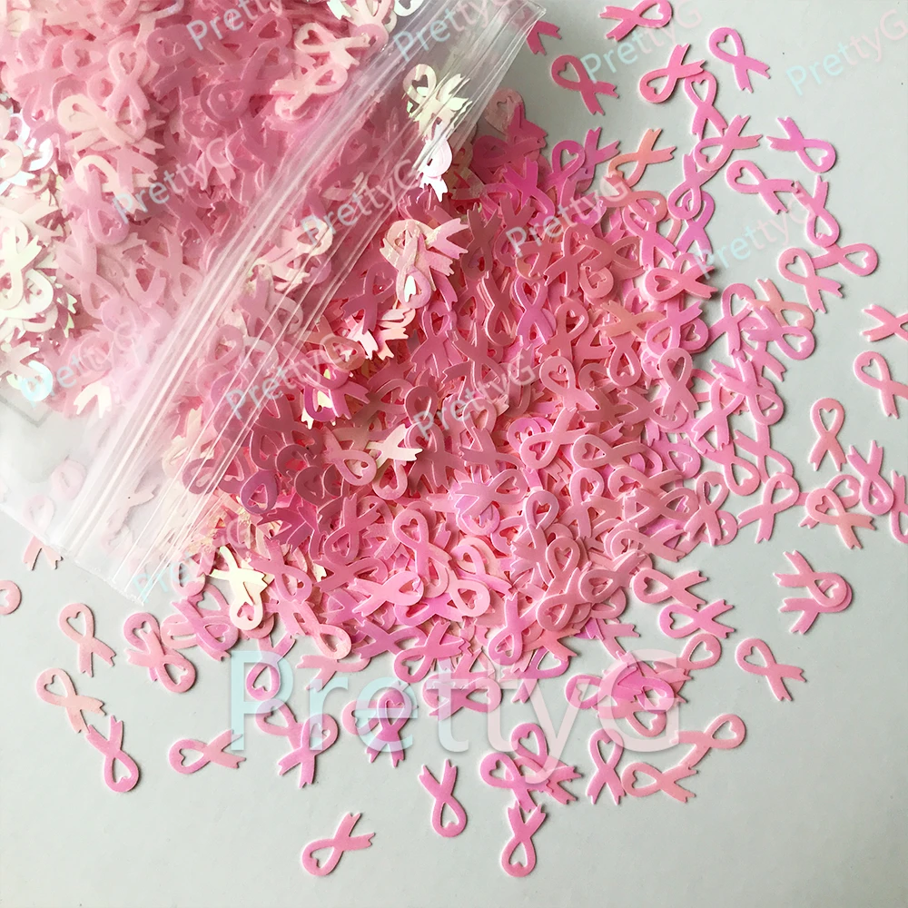 PrettyG 1 Box Pink Cancer Ribbon Glitter Shape 8MM Ribbon Bow Tie Glitter For Resin DIY Nails Art Decorations Accessories