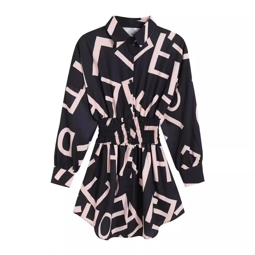 Spring New Women's Fashion Shirt Temperament Commuting Print Waist Pleated Long-sleeved Shirt for Women