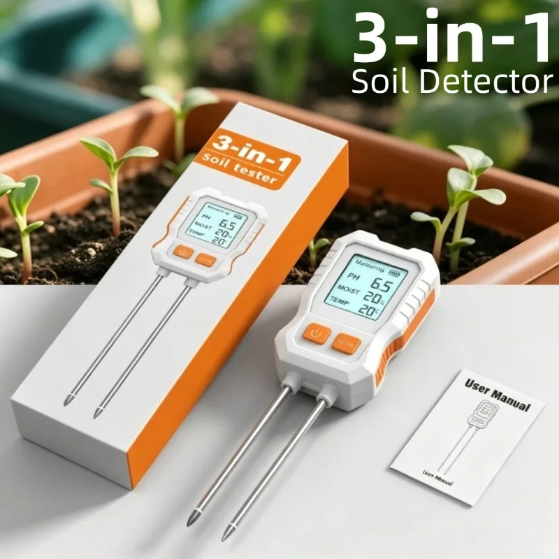 3-in-1 Digital Soil Tester with Dual Probes, High Precision pH/Moisture/Temperature Meter for Garden Plants, LCD Display