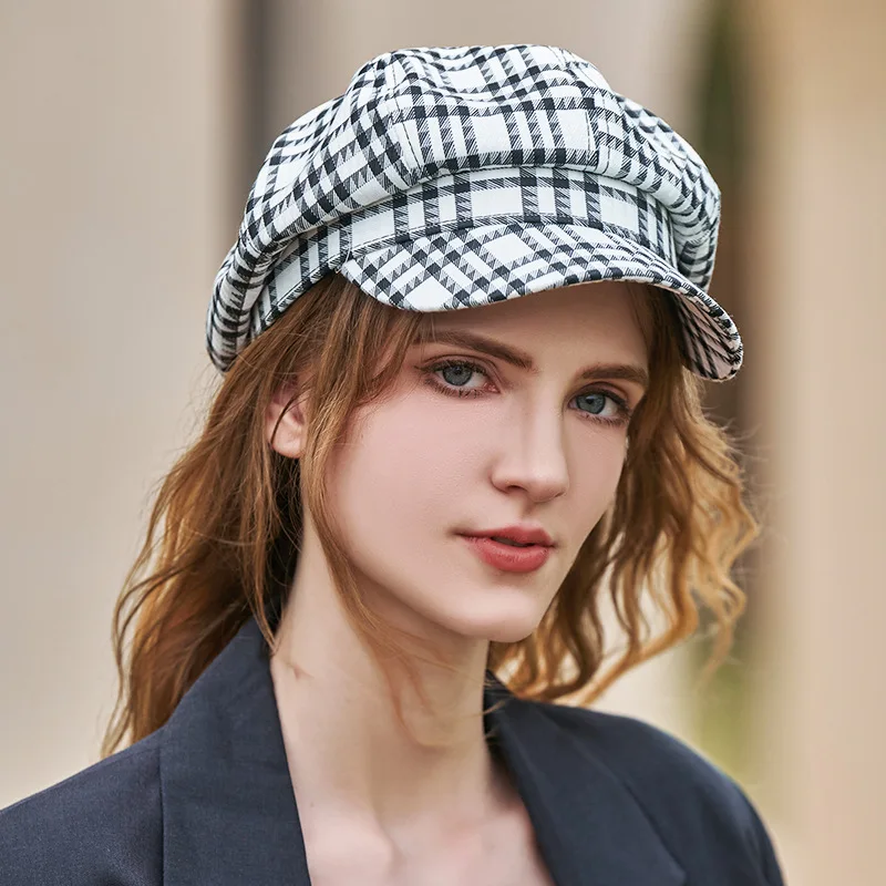 Houndstooth Luxury Beret Hats For Women Plaid Octagonal Hat Autumn Sun Visor British Vintage Baseball Cap Fashion Girls Berets