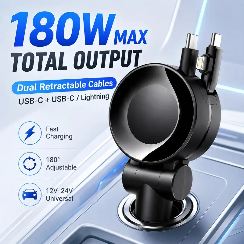 Retractable Car Charger 180W Max Dual Charging Cables USB C Lightning 70cm Cable 180 Degree Adjustable 12V 24V
