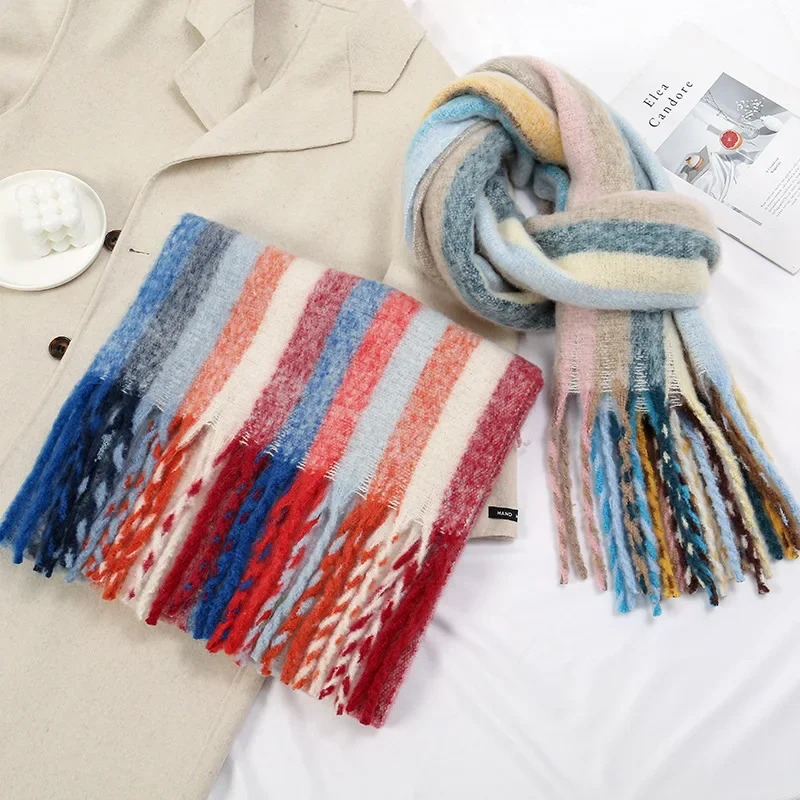 Winter Women\'s Scarf Warm Colors Atmosphere Rainbow Haircoat Striped Shawl Thickened Neck Warmer Elegant Scarves Accessories