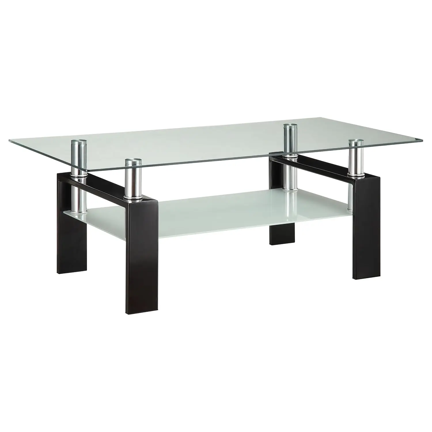Rectangular Metal & Glass Coffee Table with Open Shelf & Chrome Supports for Living Room 48-inch, Customized