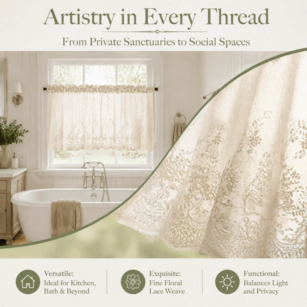 51.18 * 16.14in Lace Curtain Rod Pocket Beige Lace Valance Linen Lace Border Floral Embroidery Style Sheer Curtain For Kitchen