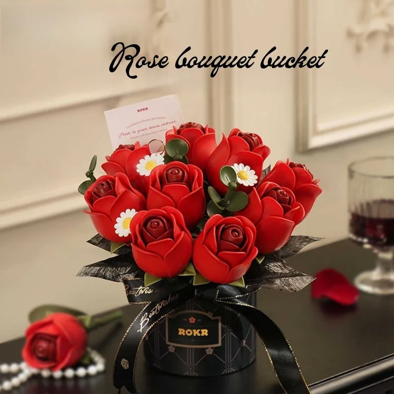 

Букет-ведро с обниманием розы, 3D сборка, ручная работа, сделай сам, вечные строительные блоки, цветок, 3D орнамент, подарок на день Святого Валентина