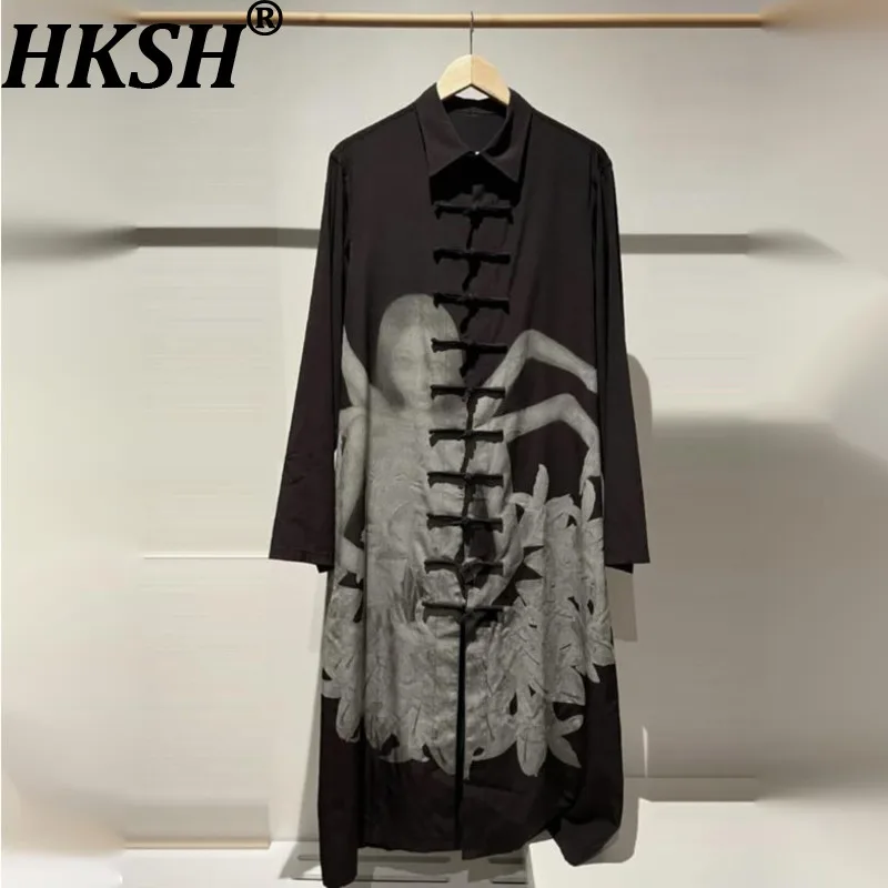 HKSH Spring Autumn New Men Tide Chic Ins Dark Vintage Japanese Gothic Shirt Fashion High Street Y2K Trench Coat Vibe Top HK27625