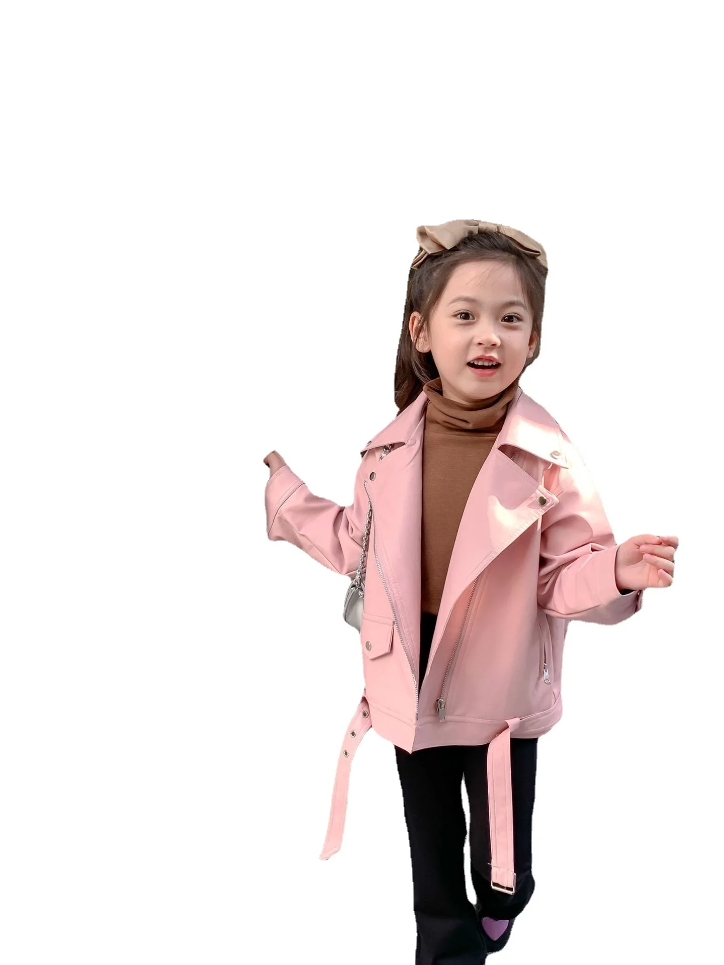 

2023 Spring and Autum New Girls Clothes Pink Haulage-Motor Style Leather Kids Jacket Coat