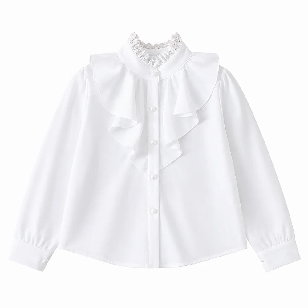 White Girl Long Sleeve Shirt Lace Long Sleeve Girl White Blouse Button Front Chiffon Fabric Girl Chiffon Blouse for Teenagers
