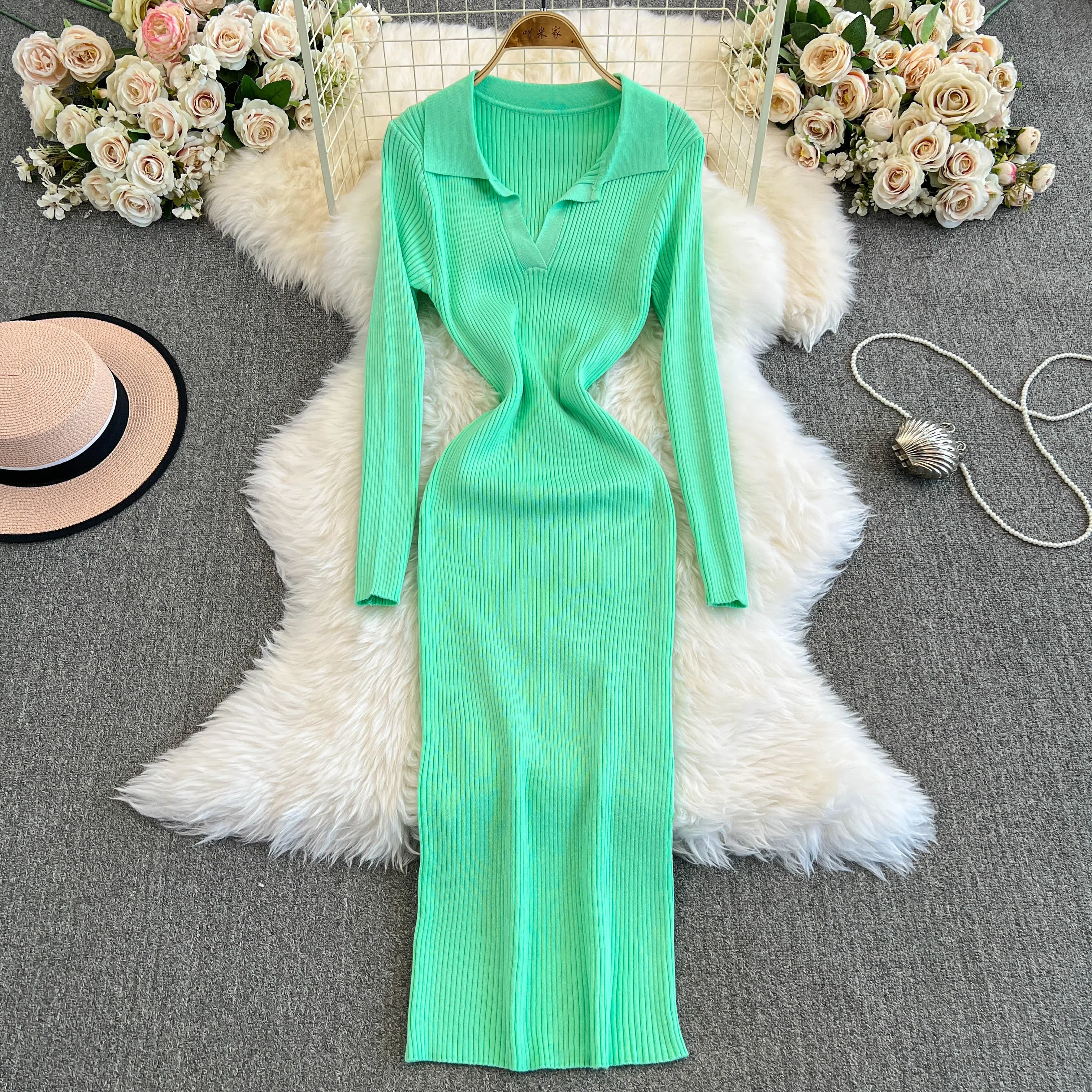 Retro v neck knit Autumn Winter Elegant summer  Dress A-line lool Sleeve Vacation basics Women Vestidos dresses