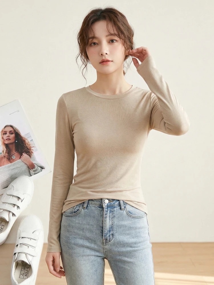 Hochwertige Elastische Basic Einfarbige Langarm-T-Shirts Schlichte Baumwoll-Damen-T-Shirts Lässige Oberteile Koreanischer Stil Dünnes O-Ausschnitt T-Shirt – Detail 2