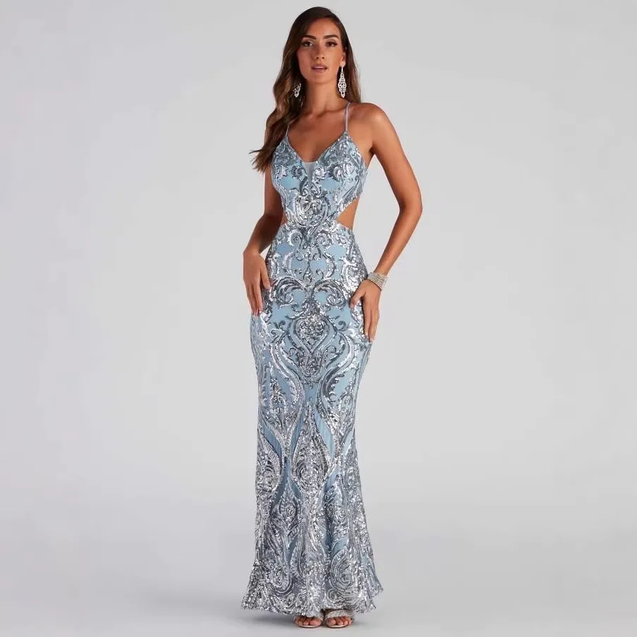 2026 New Sexy Temperament V Neck Spaghetti Strap Sequin Evening Dress Women Elegant Banquet Party Long Dress