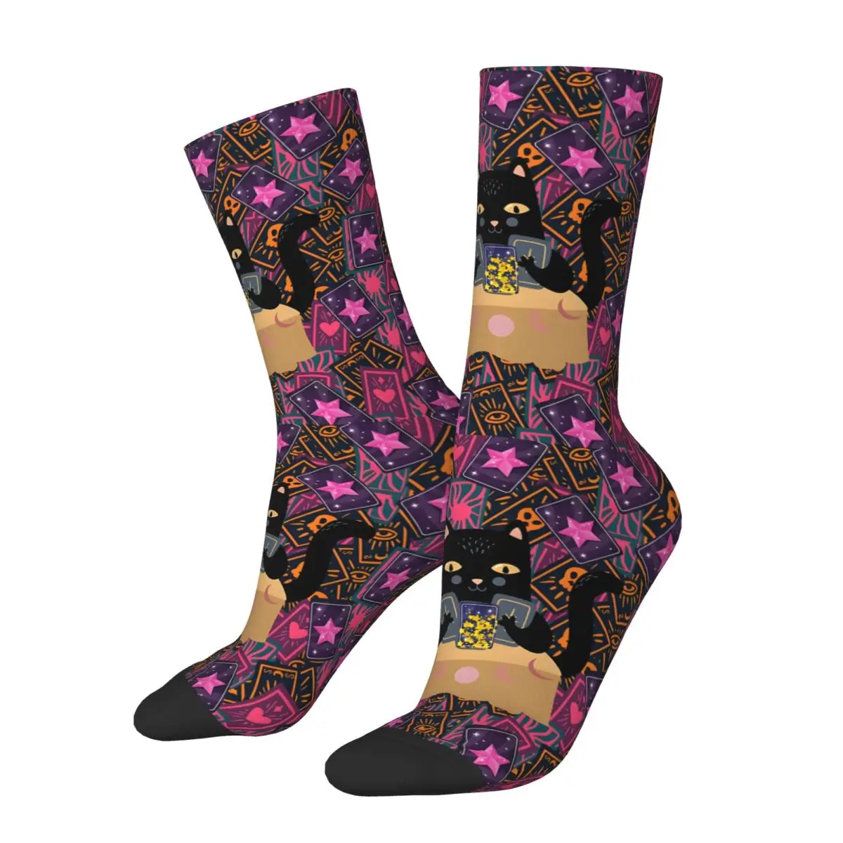 Witchy Stuff With Tarot And Black Cat Kawaii Socks Hiking Cartoon Pattern Socks