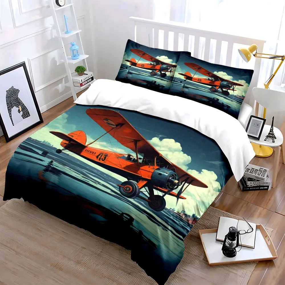 Orange vintage biplane flying Pattern Duvet Cover Set Digital Print Colorful Polyester Bedding with Zipper Closur for gifts