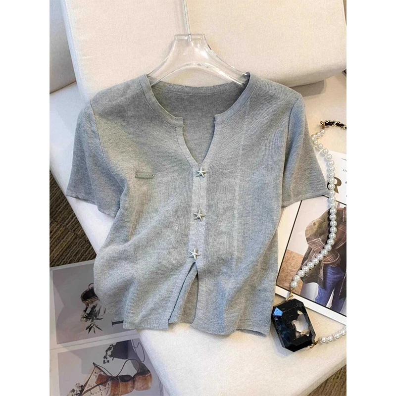 

ay V-Ne ort Knitted Ice Silk Women's T-irt Slim Fit Summer New Sle Korean Version Faionable Commute Sle Top