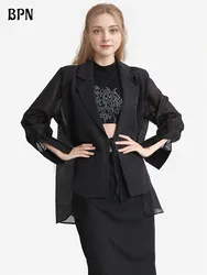 BPN Casual Patchwork Sheer Mesh blazer For Women Notched Collar Long Sleeve Spliced Lace Up Solid Temperament Blazers Female New