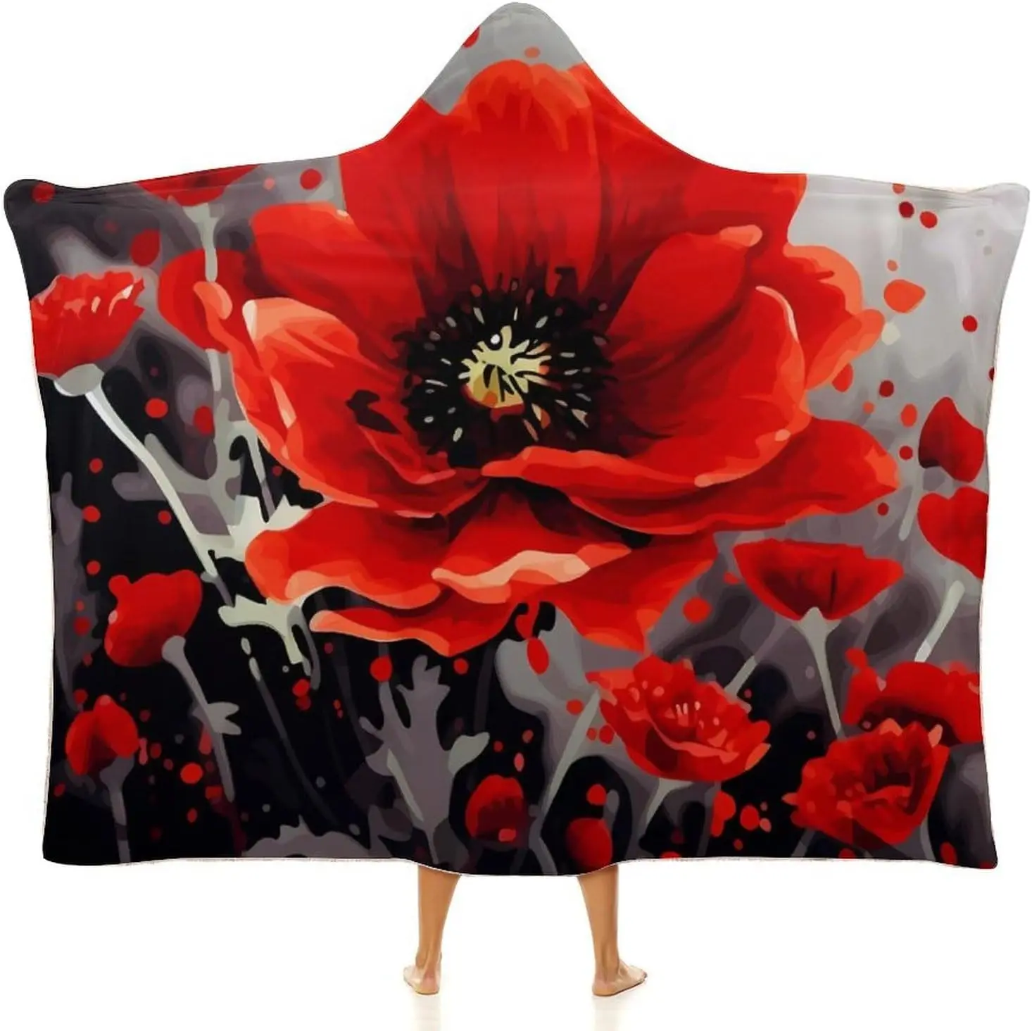 Dancing Red Flower Wearable Hooded Blanket, Ultra Soft Arctic Velvet Cape Cloak Unisex - Cozy Wearable Blanket