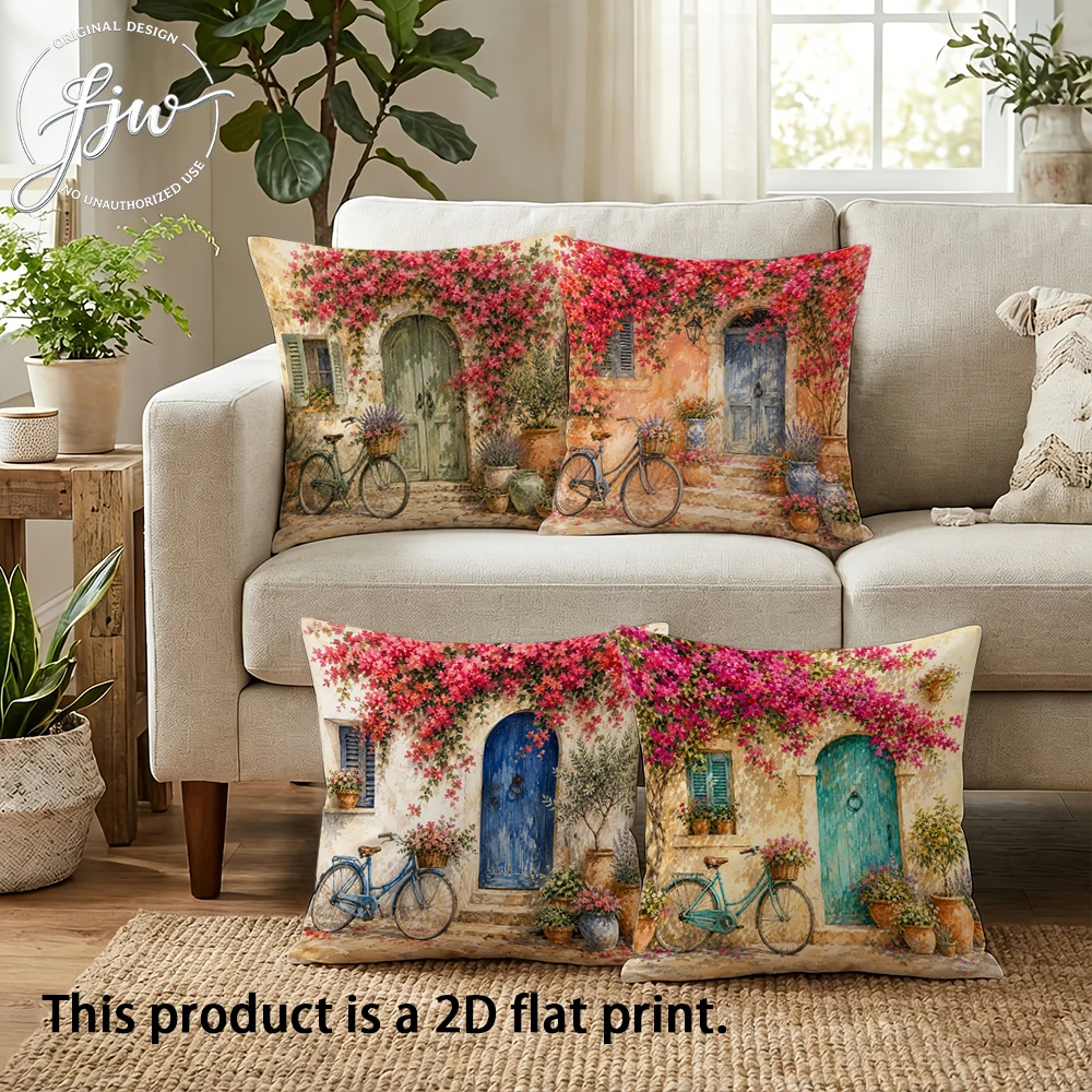 4pcs Vintage Mediterranean Town Bicycle Floral Throw Pillow Covers Rustic Farmhouse Outdoor Indoor Cushion Cases
