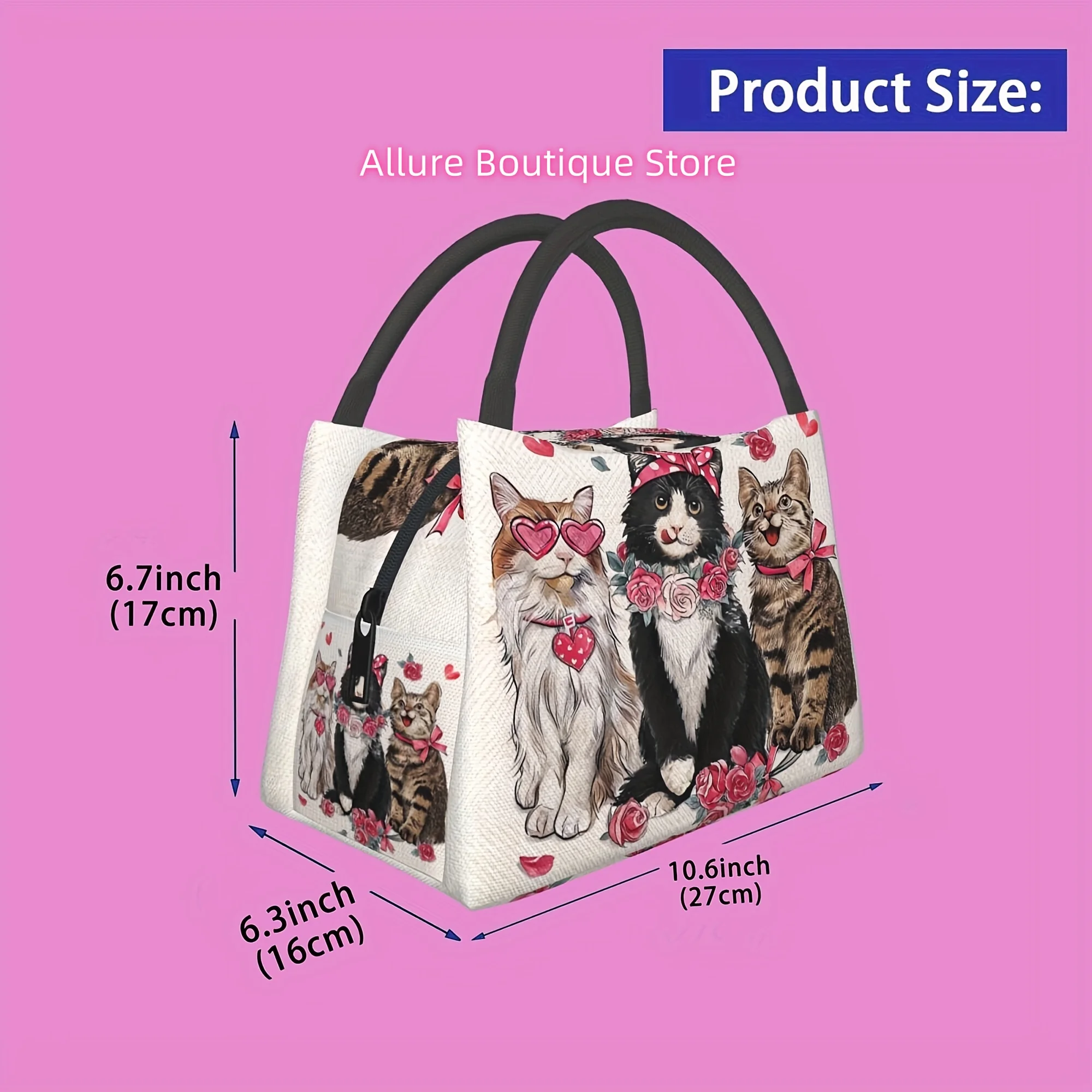 Happy Valentine's Day, Cute Cat Pattern, Portable Reusable Cooler Bag, Insulated Lunch Bag, Essential for Camping Picnic Beach,
