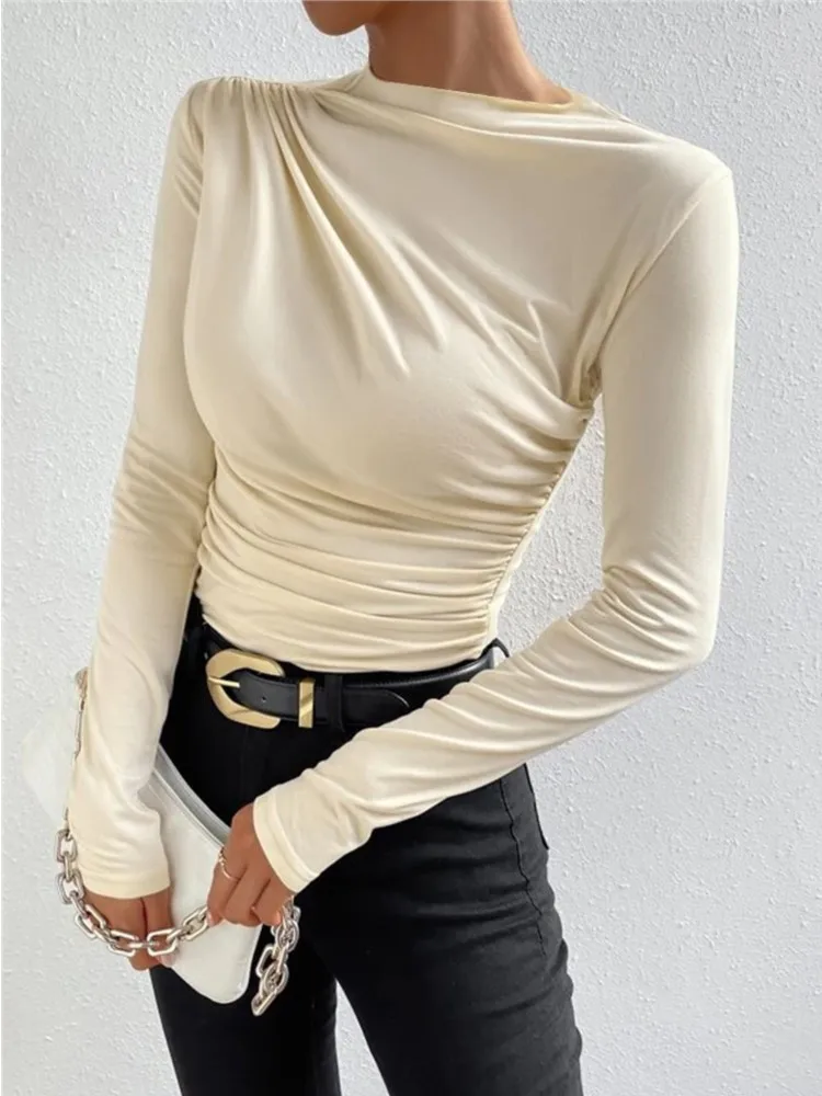 Fashion Solid Color Slim Fit T Shirt Women Trendy All-match Folds Long Sleeve T Shirts Ladies Tops Streetwear 2024 Spring New