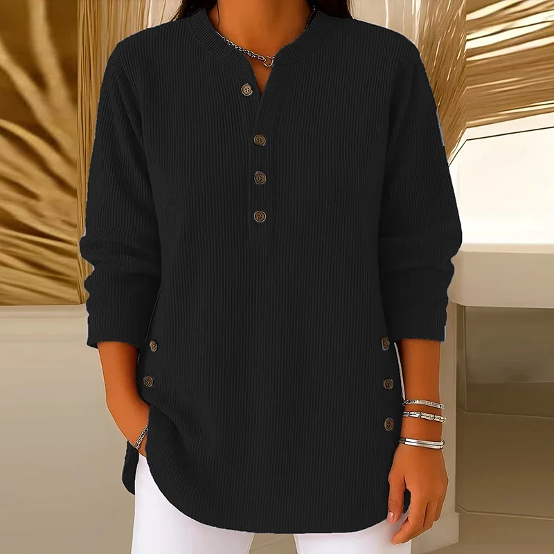 Fashion Women Long Sleeve Sweatshirt Button Design Solid Color Blouses For Women Casual Loose Pullover Tops Female Shirt