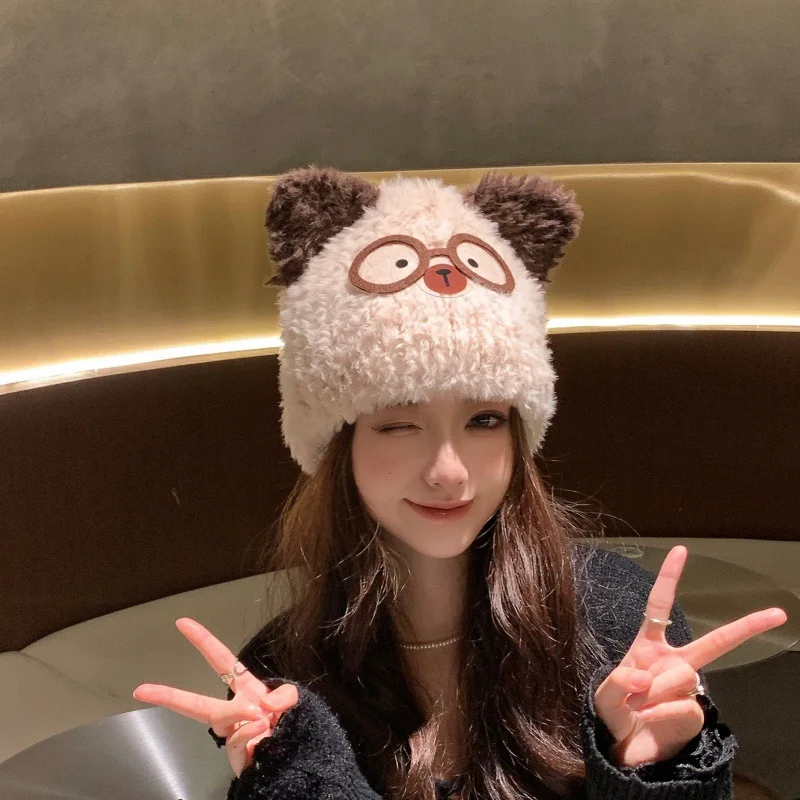 Sweet and Cute Cat-Shaped Knitted Hat with Frame Warm Ear Protection VersatileThickened Imitate Wool Pullover Hat for Women H2