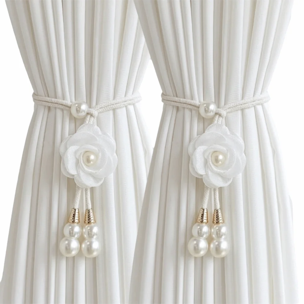 2Pcs Modern Floral Curtain Tiebacks Pearl Adjustable Camellia Curtain Tiebacks Pearl Pendant Minimalist Curtain Ties