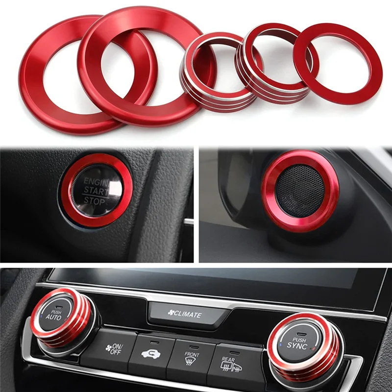 Climate Knob Control Button Trim Cover Engine Push to Stop Button Cover for 2016-2021 (Red)